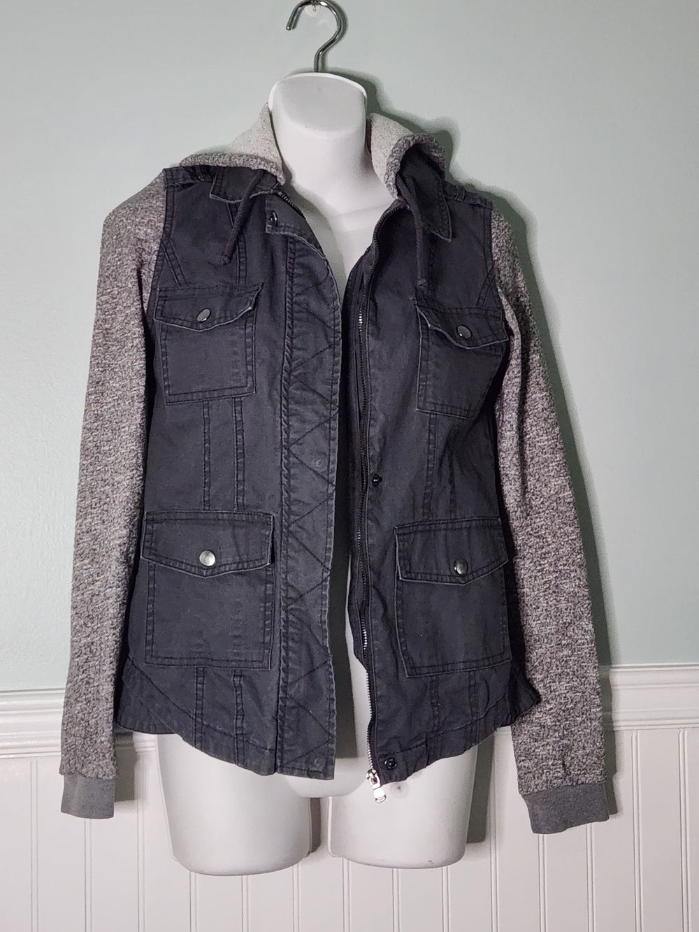 Hooded Jacket with Knit Sleeves - Gray Women's XS by MUDD